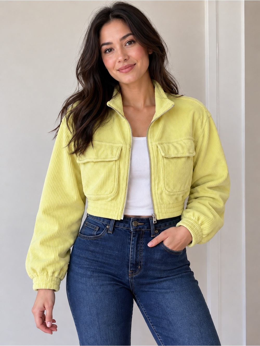 Aerie Light Green Corduroy Zip-Up Jacket with Pockets XS